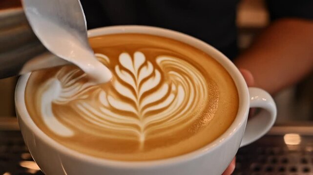 Latte art rosetta pattern forming, ultra-realistic foam, premium caf&eacute; commercial.