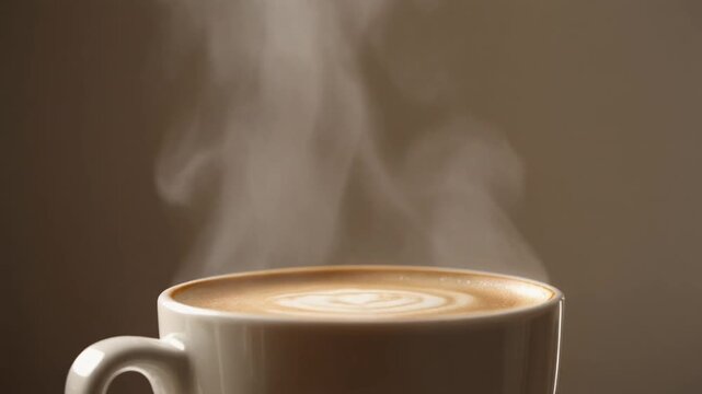 Hot latte with steam rising, neutral background, calming coffee moment, stock video.