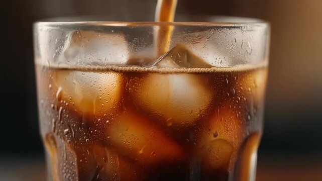 Iced coffee being poured over ice cubes, condensation on glass, refreshing caf&eacute; drink, commercial stock video.