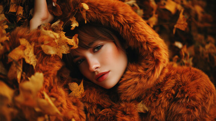 Warm-toned eco-fur coat styled for autumn, surrounded by fallen leaves