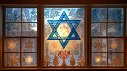 Window decorated for Hanukkah with stained-glass star of David, glowing menorah silhouettes, and frosty patterns