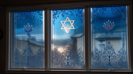 Window decorated for Hanukkah with stained-glass star of David, glowing menorah silhouettes, and frosty patterns