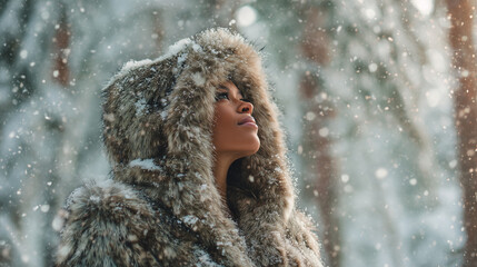Woman in a long eco-fur coat standing in a winter forest, soft snowflakes falling