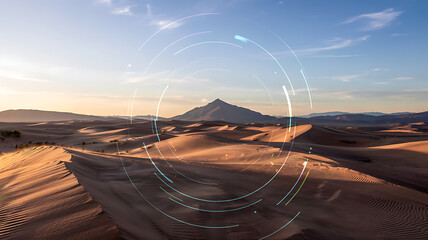 Panoramic desert landscape with golden sand dunes and geometric light circles overlaying distant mountain peak under clear blue sky during sunset creating tech atmosphere and data visualization art