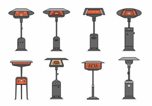 Set of eight different vector icons representing outdoor patio heaters for cafes, terraces, and gardens, isolated on white background.