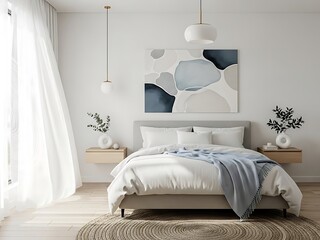 Serene bedroom showcases neutral tones and soothing natural light