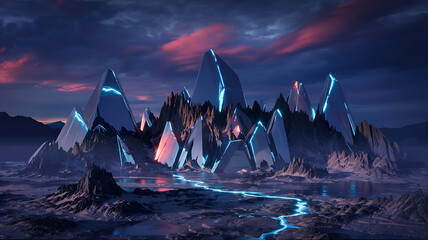 Dramatic alien mountain landscape with sharp crystal peaks and glowing blue energy lines in dark volcanic terrain under cloudy sunset sky showing mystical path through cold rocky environment scenery