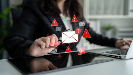 Concept of a cybersecurity warning for unsafe email communication. This alert signifies a phishing attack, spam, or malware risk that requires immediate attention to prevent fraud. Fermion