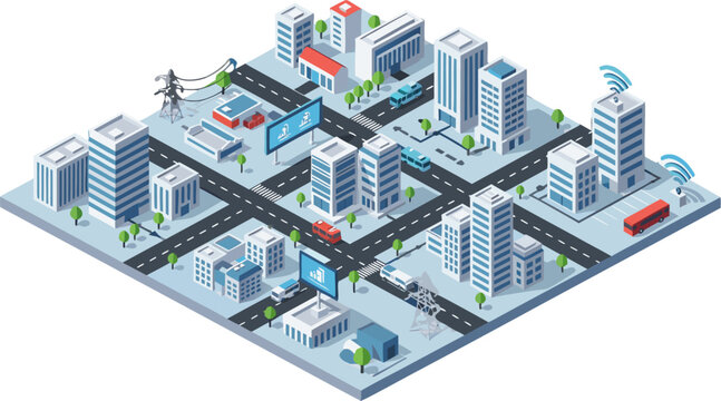 Futuristic Smart City Isometric View with Connected Buildings and Transportation
