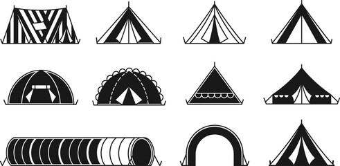 Camping tent icons set, various outdoor shelter designs, minimalist black silhouette vector illustration for adventure, travel, hiking, festival, © Shuda