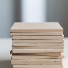 Stack of beige ceramic tiles casting shadows against a neutral backdrop