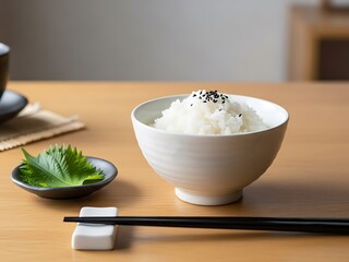 Steamed Rice with Sesame Seeds and Shiso Leaf on a Wooden Table Top