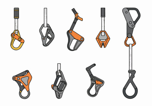 Collection of climbing safety devices and belay gear illustrations, featuring various rappelling descenders and ascender equipment for rock climbing.