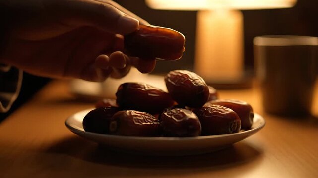 A cinematic close-up of a hand picking a warm brown date for iftar after a long day in prison.