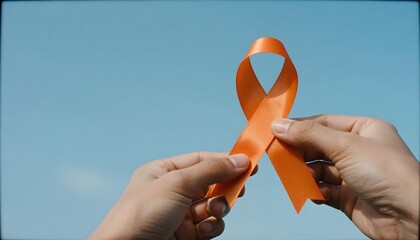 Hands grasp an orange ribbon for ADHD awareness, set against a vibrant background representing neurodiversity and mental health