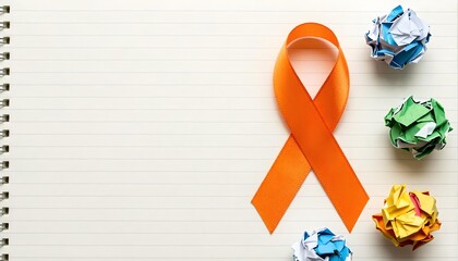 Orange ribbon and crumpled paper on a white surface, symbolizing ADHD Awareness Month and neurodiversity
