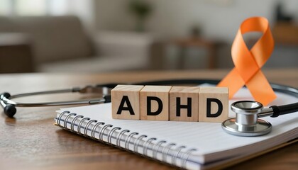 Artwork featuring an ADHD motifs, orange ribbon, and jigsaw pieces, promoting ADHD Awareness Month and mental health awareness