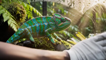 Gloved Hand Wipes Glass Near Exotic Chameleon in Lush Terrarium