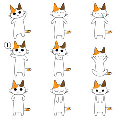 三毛猫のキャラクター喜怒哀楽の表情とポーズのバリエーション9種類セット