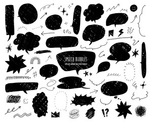 手書き風の吹き出しと矢印の落書き装飾セット　モノクロ線画