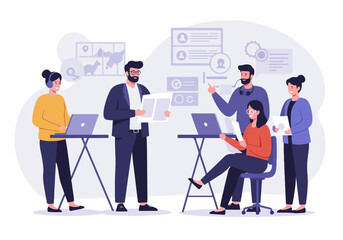 Business team collaborating on strategy and customer relations, using technology and data analytics in a modern office setting.