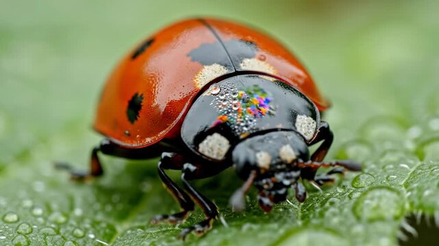 Macro shot of a ladybug on a green leaf with water droplets.