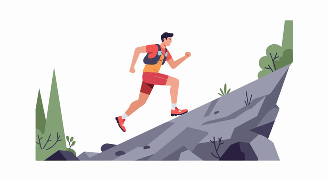 Trail Runner Ascending a Steep Mountain Hill Climb Illustration, representing Endurance, Fitness Challenge, and Outdoor Adventure Sports.