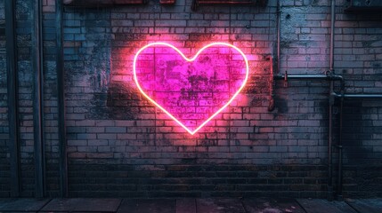 Neon heart on brick wall alleyway, romantic urban scene, artistic backdrop