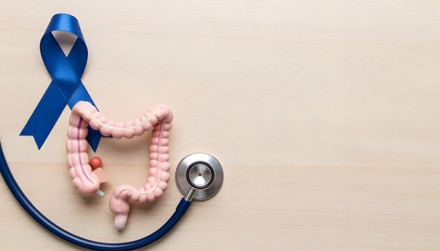 Image features a stethoscope and blue ribbon, symbolizing awareness and support for colon cancer in March