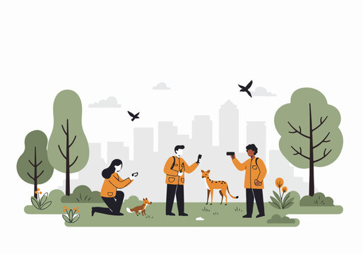 Group of nature observers photographing wildlife, including a fox and deer, in an urban park setting near a metropolitan city skyline.