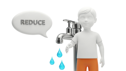 Reduce water usage message with child and dripping faucet