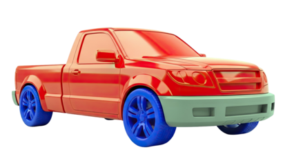Red pickup truck with blue wheels, 3D render
