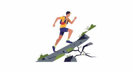 Athletic Man Trail Running Uphill on a Steep Rocky Path.