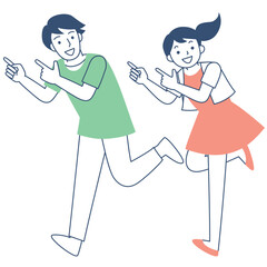 笑顔で指差す若い女性と男性