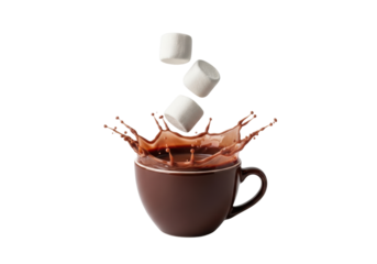 Macro shot of three white cube marshmallows aggressively impacting steaming hot chocolate in a glossy dark brown mug, generating a massive crown splash on a white backdrop. Concept for high-end