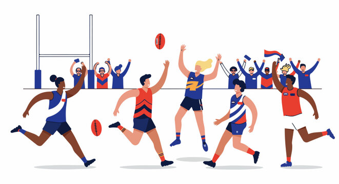 Dynamic vector illustration of diverse Australian Rules Football players contesting the oval ball, celebrating victory in front of cheering stadium fans and goalposts.