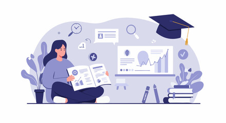 Young woman studying analytical data and educational materials, surrounded by a graduation cap, graphs, and books, representing knowledge acquisition and career growth.