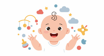 Adorable smiling infant illustration surrounded by colorful baby mobile, clouds, stars, and nursery toys on a white background.