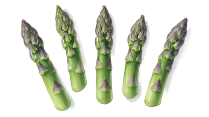 Five fresh asparagus spears arranged in a row on a white surface viewed from directly above