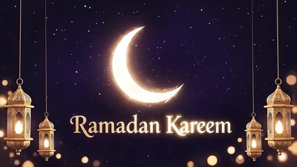 Ramadan Kareem Greeting with Crescent Moon and Lanterns on Islamic Background Motion Graphic