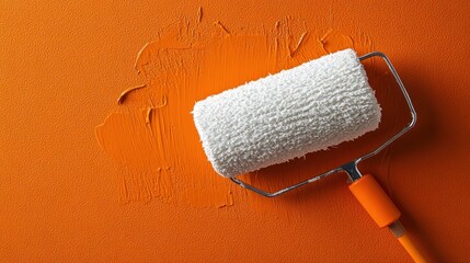 Paint roller applying orange paint on wall