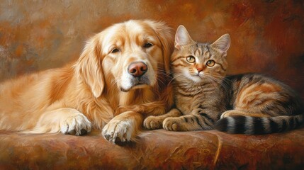 Golden Retriever and Tabby Cat Lying on Leather Sofa. Possible use Print for home decor