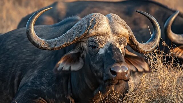 Close up view of african buffalo with large curved horns resting in dry grassland in golden sunlight