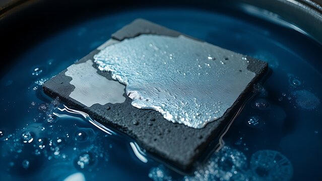 electrolytic. Iron plate in a blue bath with a shiny silver coating forming. safety posters, maintenance manuals, designed for precision metalworking and fabrication facilities, supports safety.