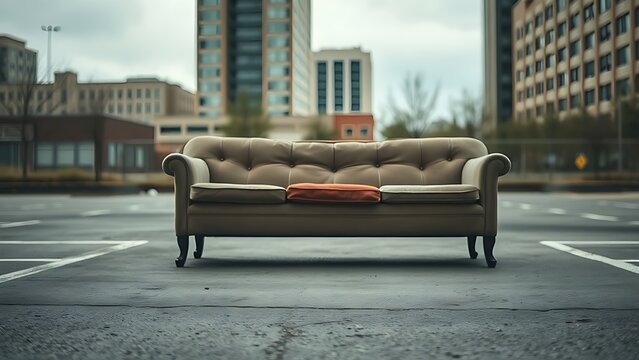 flagrant. A worn-out sofa on an empty urban lot, overcast daylight. real-estate listings, architecture portfolios, designed for interior renovation comparisons for interiors.