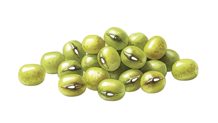 A pile of green olives on a white background viewed from directly above