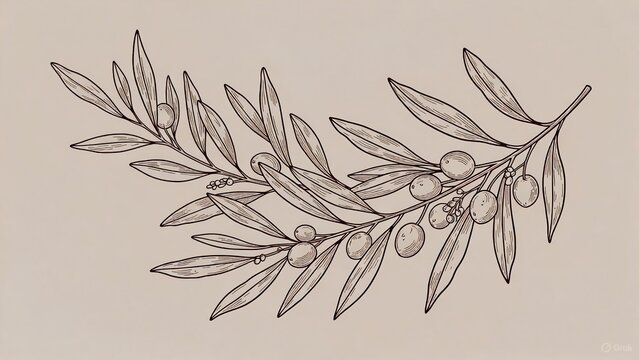 Ranting zaitun dengan daun dan buah beri di latar belakang krem