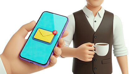 Hand Holding Smartphone with New Email Notification and Man Holding Coffee