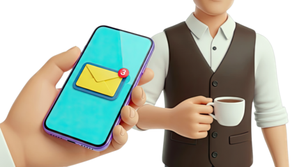 Hand Holding Smartphone with New Email Notification and Man Holding Coffee