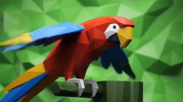 Colorful low poly parrot taking flight from a branch with green background